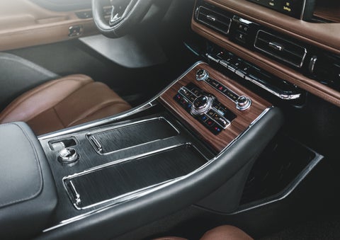 The front center console of a 2024 Lincoln Aviator® SUV is shown | Hooks Lincoln in Fort Worth TX